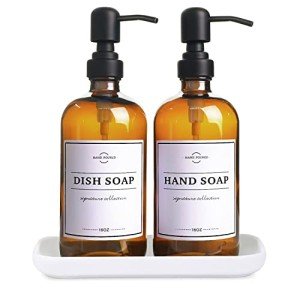 Amber Glass Soap Dispenser Set with Tray