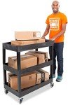Heavy-Duty 3-Shelf Utility Push Cart, 300 lbs Capacity