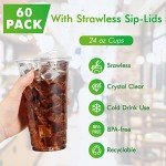 60 Pack Clear Plastic Cups with Strawless Lids
