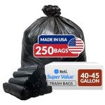 Heavy Duty 40-45 Gallon Black Trash Bags - 250 Count