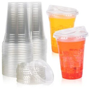 100 Clear Disposable Iced Coffee Cups with Lids