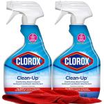 Clorox Clean Up Multi Surface Spray with Bleach, 2 Pack All Purpose Bleach Spray Trigger, Disinfects Kitchen, Bathroom, Fresh Scent, Mold & Mildew Cleaner, 32 oz. Ea Plus Microfiber Cleaning Cloth