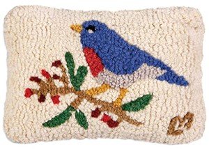 Bluebird & Berries Hand-Hooked Decorative Pillow