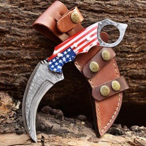 Damascus Steel Karambit Knife with Leather Sheath