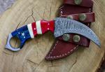 Damascus Steel Karambit Knife with Leather Sheath