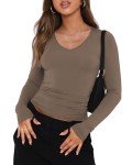 Womens V-Neck Long Sleeve Casual Top - Coffee