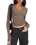 Womens V-Neck Long Sleeve Casual Top - Coffee