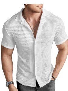 Men's Short Sleeve Waffle Knit Button Down Shirt