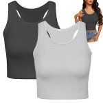 2 Pieces Tank Top for Women, Basic Sleeveless Crop Tops, Going Out Tops Workout Tops Teen Girls Racerback Daily Wearing (US, Alpha, Medium, Regular, Regular, Grey)