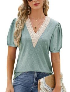 Buauty Womens Summer Trendy Tops 2024 Puff Sleeve Floral Print Lace V Neck Dressy Casual Loose Fit Blouse Cute T Shirt14