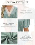Buauty Womens Summer Trendy Tops 2024 Puff Sleeve Floral Print Lace V Neck Dressy Casual Loose Fit Blouse Cute T Shirt14