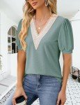 Buauty Womens Summer Trendy Tops 2024 Puff Sleeve Floral Print Lace V Neck Dressy Casual Loose Fit Blouse Cute T Shirt14