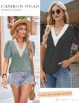 Buauty Womens Summer Trendy Tops 2024 Puff Sleeve Floral Print Lace V Neck Dressy Casual Loose Fit Blouse Cute T Shirt14