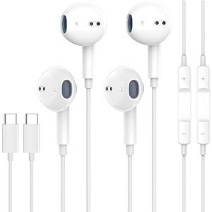 USB C Headphones for iPhone 15, 2-Pack Type C USB C Earbuds Wired with Mic & Volume Control HiFi Stereo Earphones Compatible with iPhone 15/15 Pro/15 Pro Max, iPad Pro, Most USB C Jack Device,White