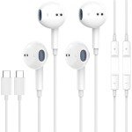 USB C Headphones for iPhone 15, 2-Pack Type C USB C Earbuds Wired with Mic & Volume Control HiFi Stereo Earphones Compatible with iPhone 15/15 Pro/15 Pro Max, iPad Pro, Most USB C Jack Device,White