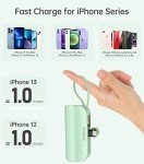 amelema Small Portable Charger for iPhone, 5000mAh Mini Power Bank with Built-in Cable/Metal Stand, Cute Battery Pack Compatible with iPhone 14/14 Plus/Pro Max/13/12/11/XS/XR/X/8/7/Airpods（Green）