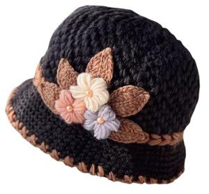 Black Knitted Flower Beanie Hat for Women