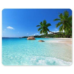 Auhoahsil Mouse Pad, Square Beach Style Anti-Slip Rubber Mousepad with Stitched Edges for Gaming Office Laptop Computer Men Women Kids, Cute Custom Pattern Mouse Mat, Beach and Coconut Trees Design