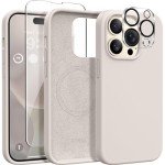 GONEZ for iPhone 14 Pro Case, Compatible with Magsafe, with 2X Screen Protector + 2X Camera Lens Protector, Soft Anti-Scratch Microfiber Lining, Shockproof Liquid Silicone Phone Cover, Stone