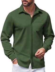 Men’s Long Sleeve Casual Button-Up Shirt - Dark Green