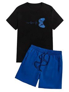 COZYEASE Men's 2 Piece Sets Casual Letter Graphic Tee Shirts and Print Drawstring Waist Shorts Multicolor Graphic Print XL