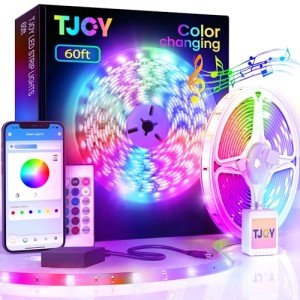 TJOY 60ft Bluetooth LED Strip Lights, Music Sync LED Lights Strip,RGB Color Changing LED Lights with Remote,Smart Phone APP Control,LED Lights for Bedroom,Ceiling,Room DIY(APP+Remote +Mic/60ftx1)