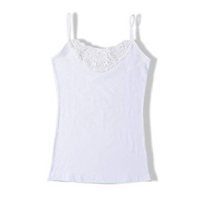 Womens Tank Top Camisoles with Premium Cotton Italian Design - Trimmed with Flower Lace on Neckline (928-White, XL)