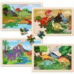 Dinosaur Wooden Puzzles Set for Kids, 4 Pack