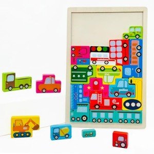 Wooden Vehicle Puzzle Blocks for Kids Ages 3-5