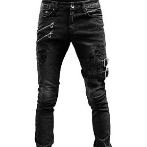Maiyifu-GJ Men's Distressed Moto Biker Jeans Ripped Punk Gothic Zipper Denim Pants Hip hop Tapered Leg Slim Fit Jean (Black,Large)