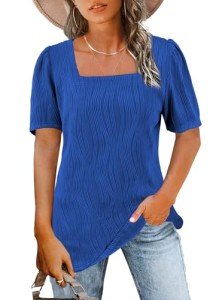 Womens Tops Summer Trendy Casual Square Neck T-Shirts Short Sleeve Blouse SkyBlue