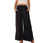 Ainangua Womens Wide Leg Linen Pants Summer Beach Palazzo Lounge Trousers Casual Fashion Plus Size Vacation Clothes for Women(Black,L)