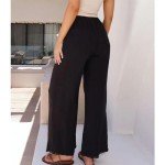 Ainangua Womens Wide Leg Linen Pants Summer Beach Palazzo Lounge Trousers Casual Fashion Plus Size Vacation Clothes for Women(Black,L)