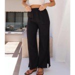 Ainangua Womens Wide Leg Linen Pants Summer Beach Palazzo Lounge Trousers Casual Fashion Plus Size Vacation Clothes for Women(Black,L)