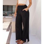 Ainangua Womens Wide Leg Linen Pants Summer Beach Palazzo Lounge Trousers Casual Fashion Plus Size Vacation Clothes for Women(Black,L)