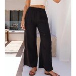 Ainangua Womens Wide Leg Linen Pants Summer Beach Palazzo Lounge Trousers Casual Fashion Plus Size Vacation Clothes for Women(Black,L)