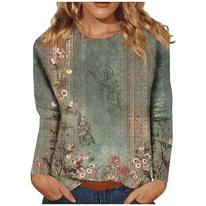 LPIGOH Womens Long Sleeve Shirts 2024 Dressy Casual Crew Neck Womens Fall Tops Plus Size Fitted Basic Tee Floral Printed Going Out Tops Blouse (Army Green,S)