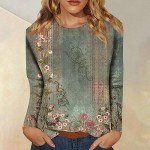 LPIGOH Womens Long Sleeve Shirts 2024 Dressy Casual Crew Neck Womens Fall Tops Plus Size Fitted Basic Tee Floral Printed Going Out Tops Blouse (Army Green,S)