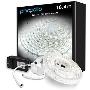 phopollo White LED Strip Lights, 16.4ft Dimmable 6500k Daylight White Led Light Strip, 300 LEDs Flexible Led Lights for Bedroom, Mirror, Kitchen Decoration