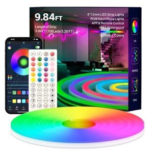 HRDJ Neon Rope Lights, 9.84FT RGB Neon Strip Lights, Outdoor IP67 Waterproof Lights, Smart APP Control with 44Key Remote, 47 Modes, Music Sync Gaming, DIY Design, Dimmable for Bedroom Decoration