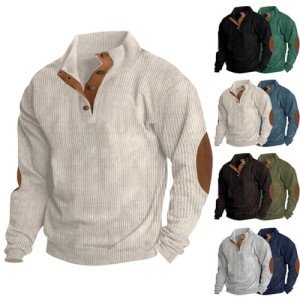 Lightning Deals, Mens Long Sleeve Shirt, Mens Cotton Sweatshirt Long Sleeve Outdoor Shirts Vintage Corduroy Button Stand Collar Shirt Casual Pullover Sweater Beige