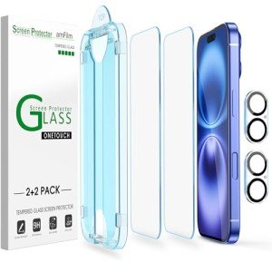 amFilm Auto-Alignment OneTouch for iPhone 16 Plus [6.7''] Screen Protector + Camera Lens Protector, Tempered Glass, 30 seconds Installation, Bubble Free, Case Friendly, Anti-Scratch [2+2 Pack]