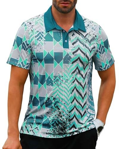 TURAND Mens Golf Shirts Short Sleeve Print Gradient Moisture Wicking Quick Dry Performance Polo Golf Shirt Mint Green Large