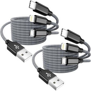 Multi Charging Cable 2Pcs 4FT Universal 3 in 1 Multiple Charger Cable Apple MFi Certified Nylon Braided USB Fast Cord with Type-C, Micro USB, IP Port for Most Cell Phone/iPad/iPhone/Tablet (GrayBlack)
