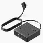 Flat Plug Power Strip, 4ft Round Extension Cord, 4 Outlets with 3 USB (2 USB C), No Surge Protection (Black)