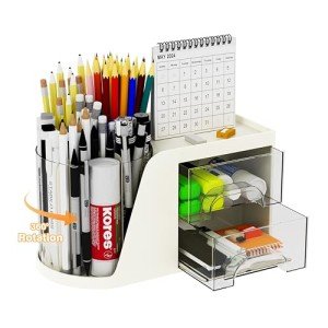 360° Rotating Desk Pen Organizer with Drawers