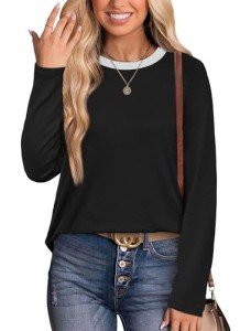 Besshopie Black Shirts for Women Crew Neck Casual Workout Tops Soft Fall Fashion Outfits Winter Clothes 2024 Black M