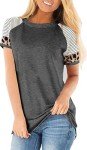 Basoteeuo Leopard Print Tops for Women Short Sleeve Crew Neck T Shirts Dark Gray L