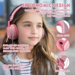 Mokata Headphone Kids Volume Limited 85/96dB Wired Over-Ear/On-Earr Foldable Headset with Inline Cable Aux 3.5mm Cord Mic for Boy Girl Child School PC Notebook Tablet Pink