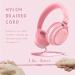 Mokata Headphone Kids Volume Limited 85/96dB Wired Over-Ear/On-Earr Foldable Headset with Inline Cable Aux 3.5mm Cord Mic for Boy Girl Child School PC Notebook Tablet Pink